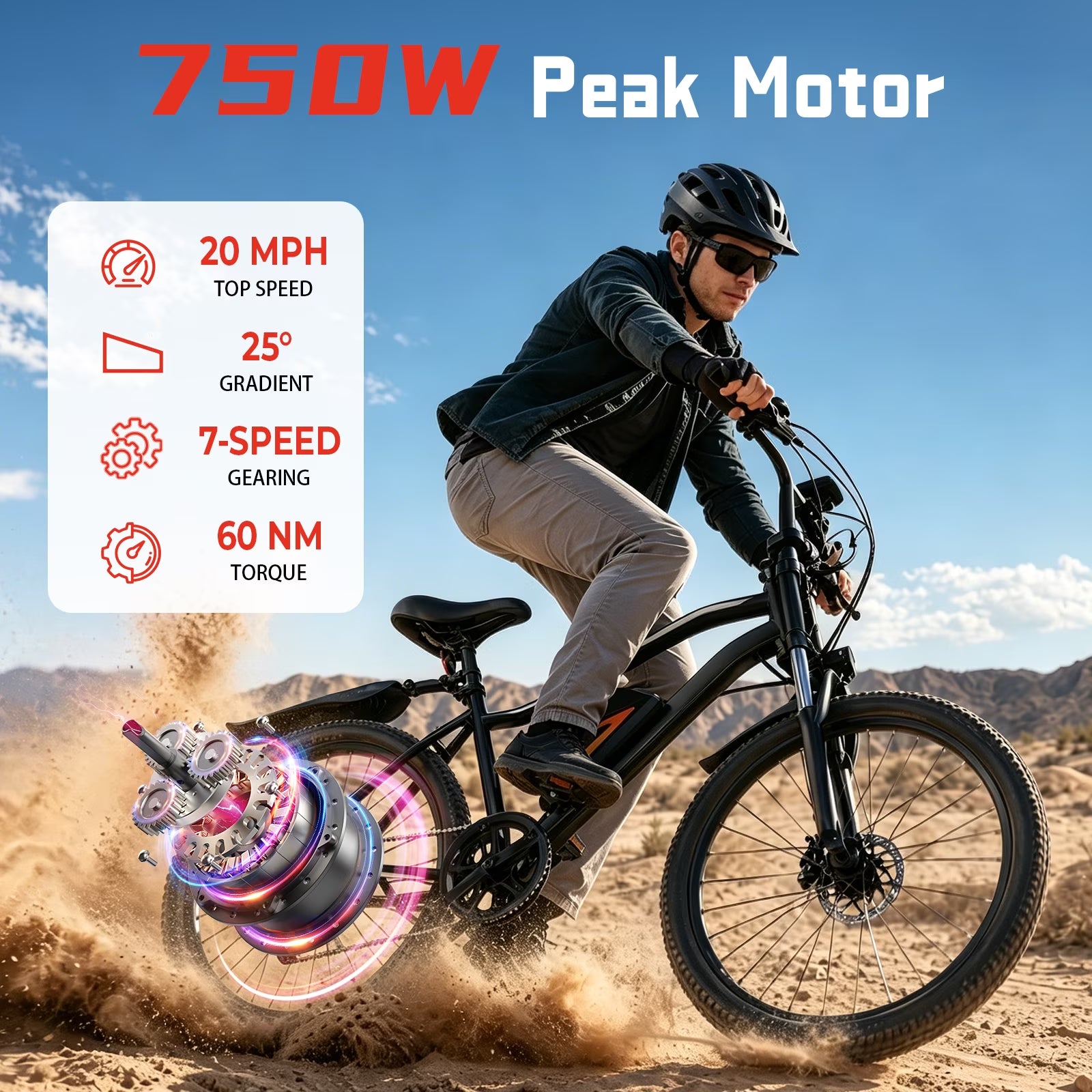 750W Peak Electric Bike Adult,26" Mountain Bicycle Professional,Front Dual Shock Absorption Ebike,Up 20MPH,55 Miles,36V 10.4AH Nonremovable Battery,Black