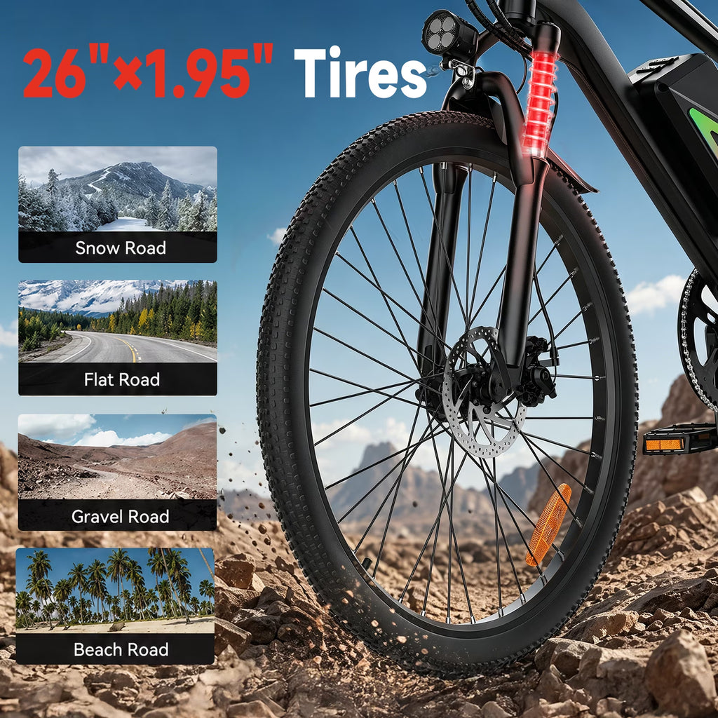 750W Peak Electric Bike Adult,26" Mountain Bicycle Professional,Front Dual Shock Absorption Ebike,Up 20MPH,55 Miles,36V 10.4AH Nonremovable Battery,Black