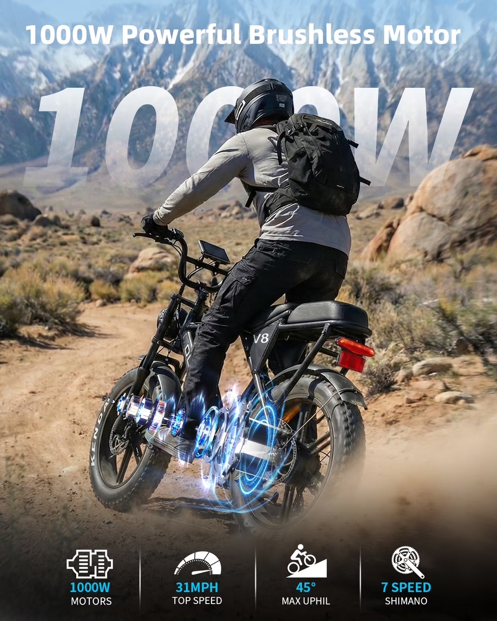 V8 Electric Bike for Adults, Ebike Moped Style with 1000W Peak Motor 48V 15Ah Battery, 20'' Fat Tire E Bike, Dual Disc Brakes Mountain Bike for Commuting & Off-Road, E-Bike UL2849