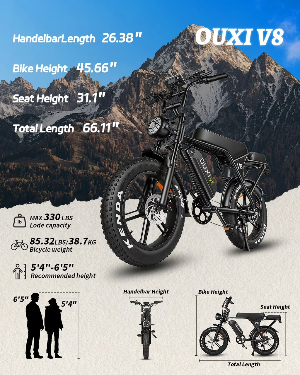 V8 Electric Bike for Adults, Ebike Moped Style with 1000W Peak Motor 48V 15Ah Battery, 20'' Fat Tire E Bike, Dual Disc Brakes Mountain Bike for Commuting & Off-Road, E-Bike UL2849
