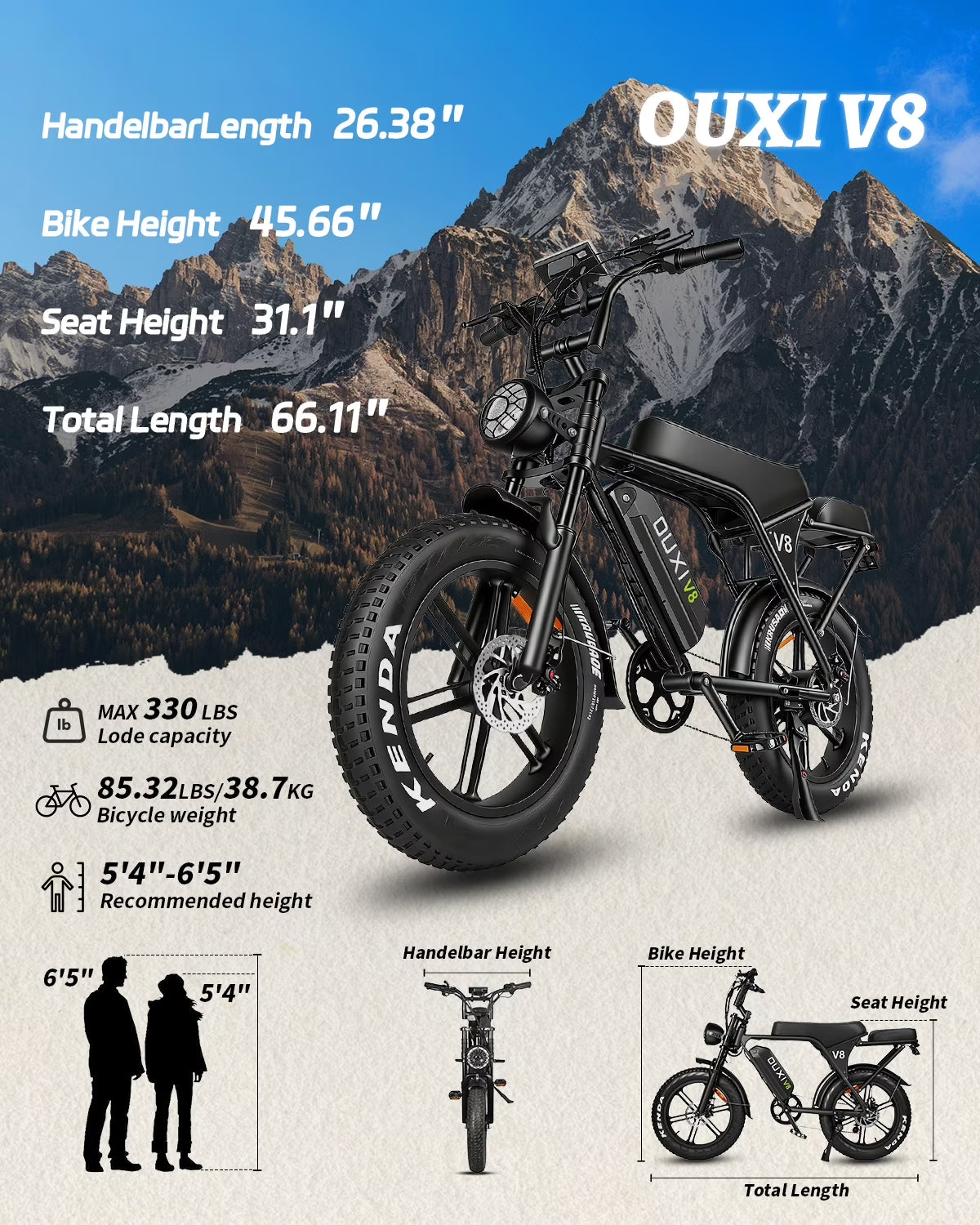 V8 Electric Bike for Adults, Ebike Moped Style with 1000W Peak Motor 48V 15Ah Battery, 20'' Fat Tire E Bike, Dual Disc Brakes Mountain Bike for Commuting & Off-Road, E-Bike UL2849